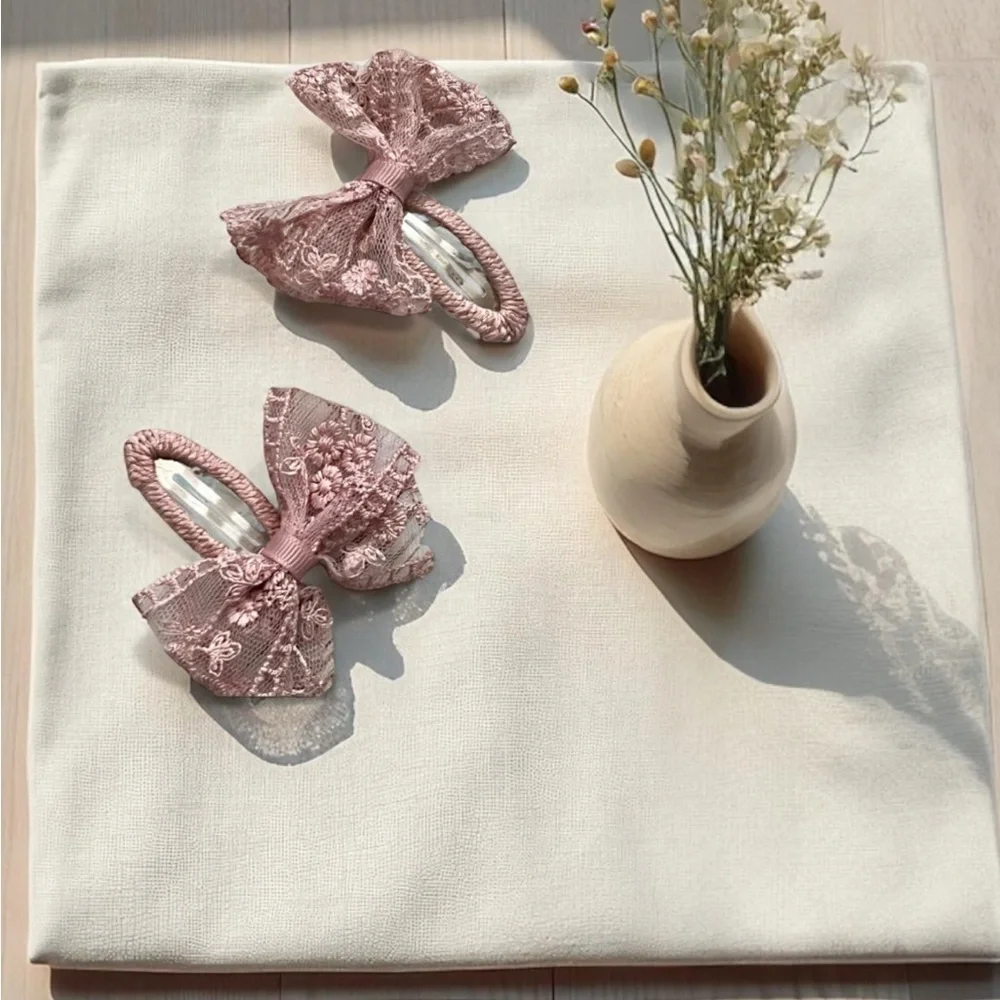 Dusty Rose Lace Bow Hair Clips - Set of 2 - Picture 4 of 12